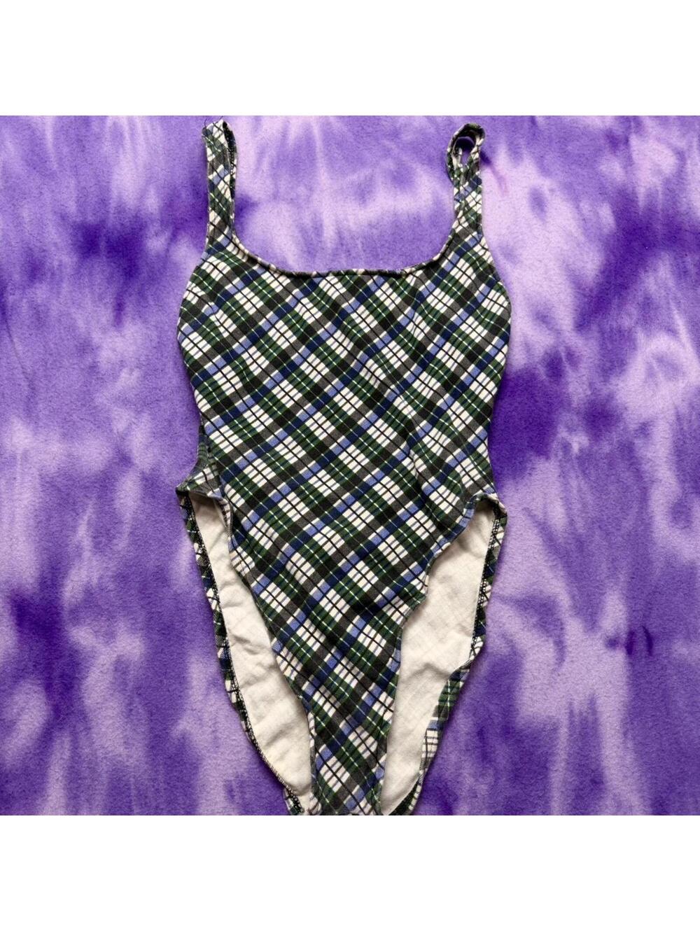 Vtg 90s OP cotton plaid swimsuit / bodysuit green blue white